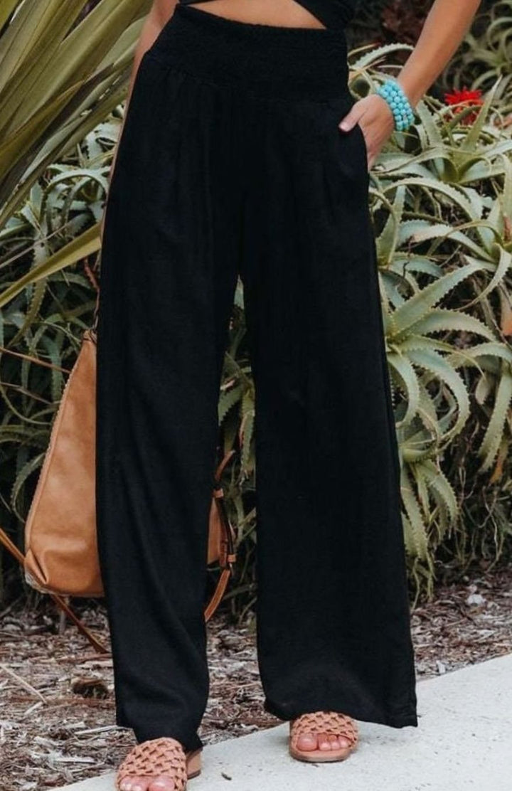 Women's High-Waisted Wide Leg Smocked Linen Trousers - Black