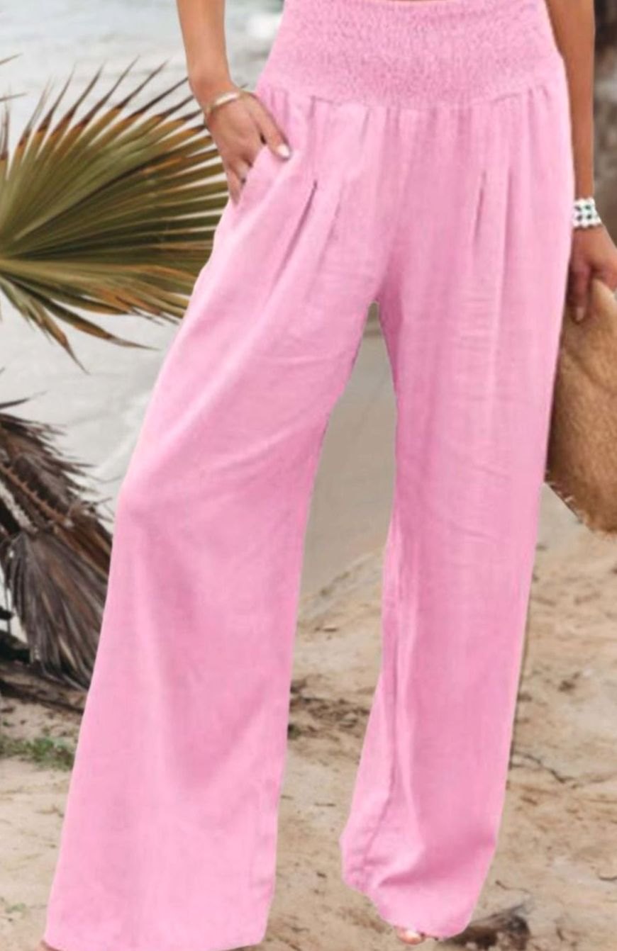 Women's High-Waisted Wide Leg Smocked Linen Trousers - Pink