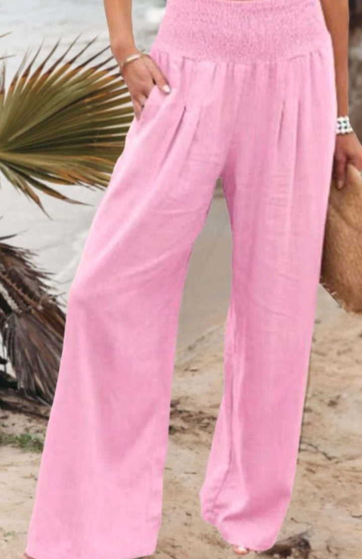 Women's High-Waisted Wide Leg Smocked Linen Trousers - Pink