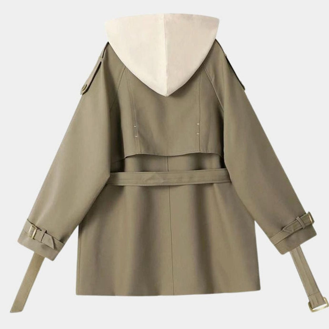 Women's Hooded Belted Trench Coat Contrast Hood Detail, Khaki