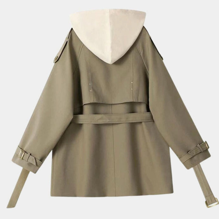 Women's Hooded Belted Trench Coat Contrast Hood Detail, Khaki