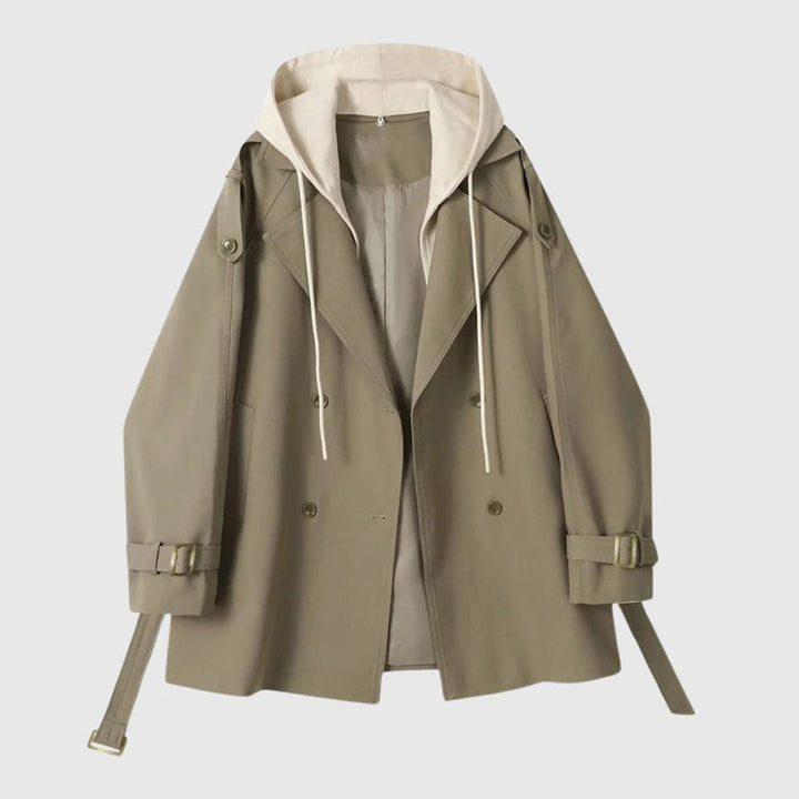Women's Hooded Belted Trench Coat Contrast Hood Detail, Khaki - Beige