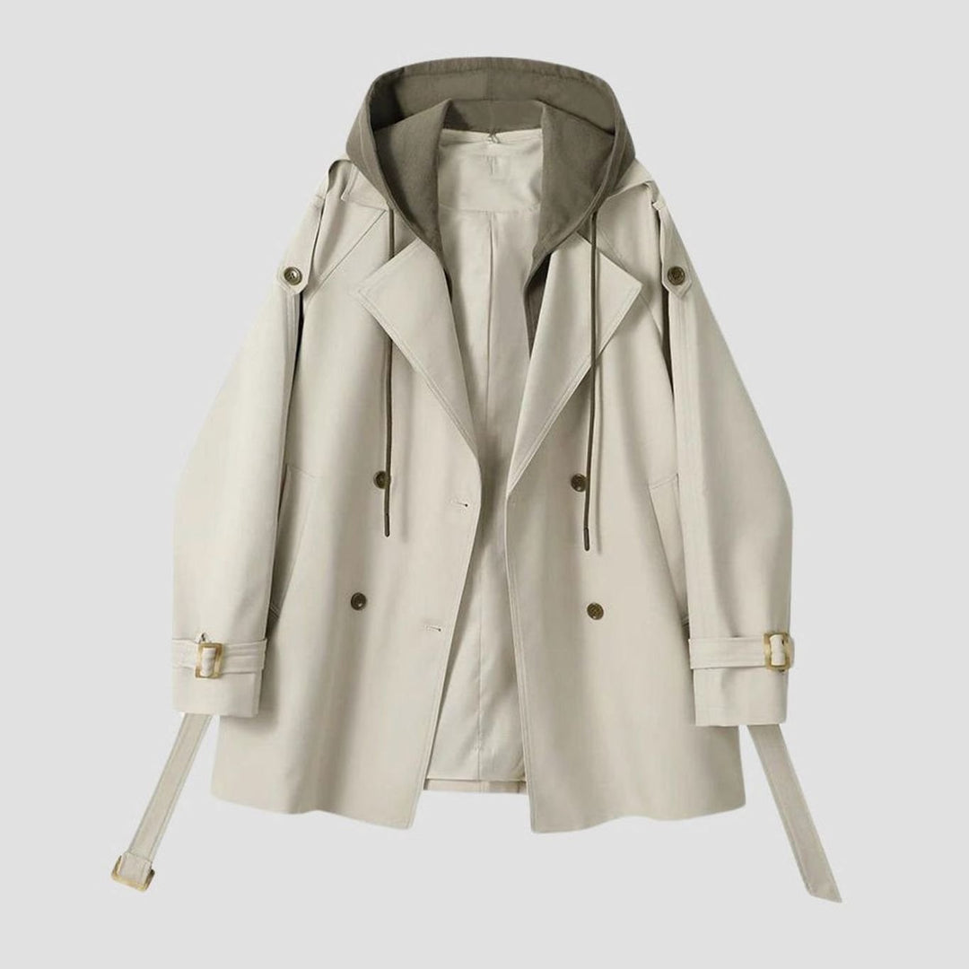 Women's Hooded Belted Trench Coat Contrast Hood Detail, Khaki - White
