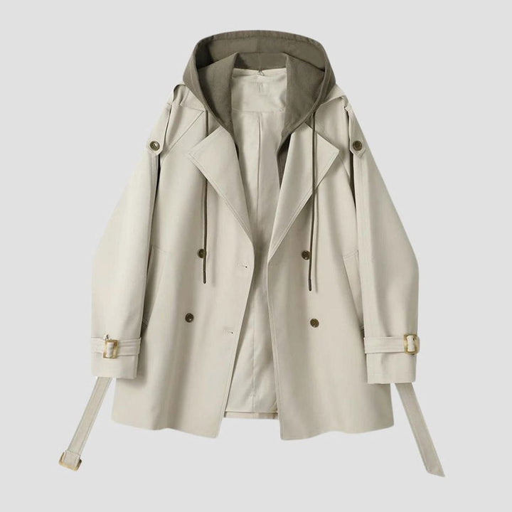 Women's Hooded Belted Trench Coat Contrast Hood Detail, Khaki - White