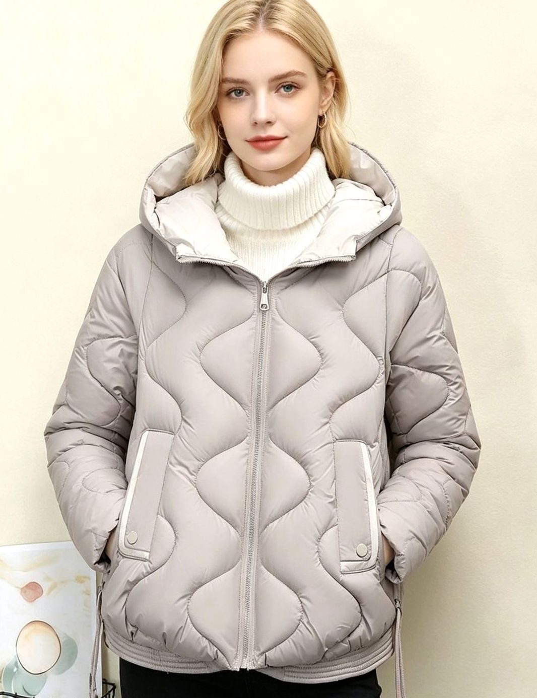Women's Hooded Boxy Quilted Short Puffer Jacket - Khaki