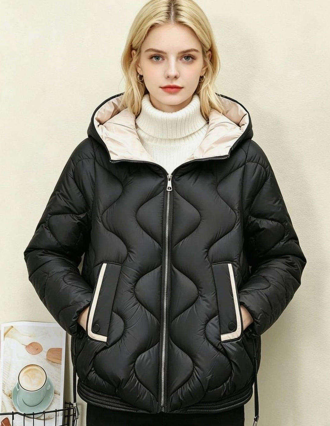 Women's Hooded Boxy Quilted Short Puffer Jacket - Black