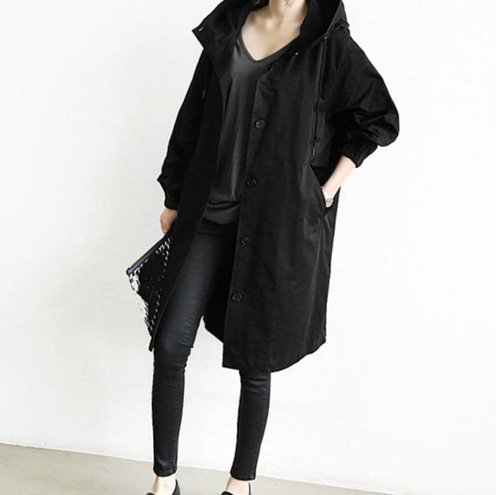Women's Hooded Button-Front Longline Trench Coat, Black - Black