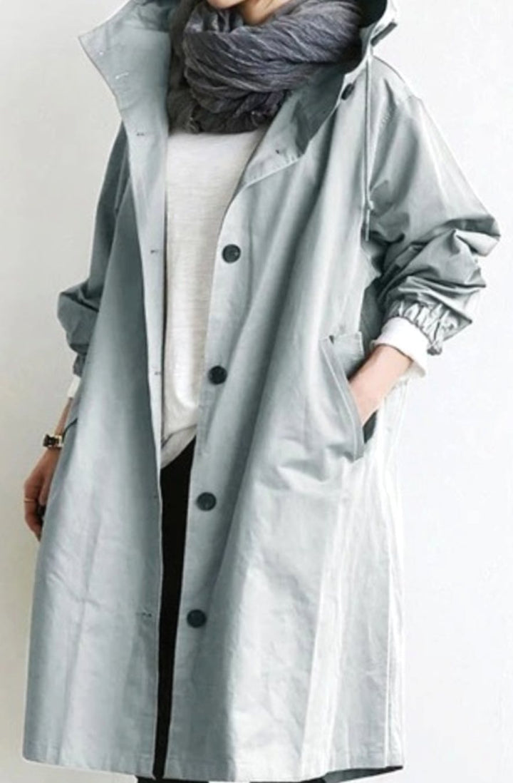 Women's Hooded Button-Front Longline Trench Coat, Black - Light Grey