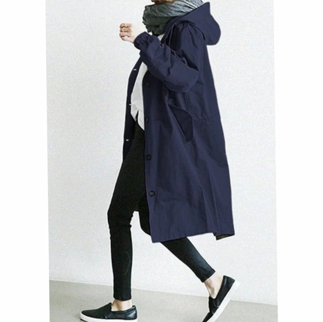 Women's Hooded Button-Front Longline Trench Coat, Black - Navy Blue