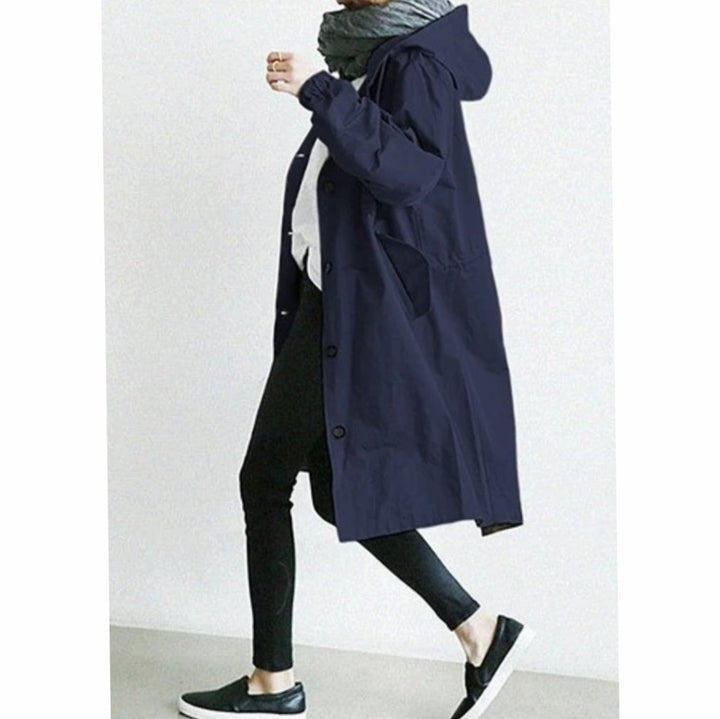 Women's Hooded Button-Front Longline Trench Coat, Black - Navy Blue