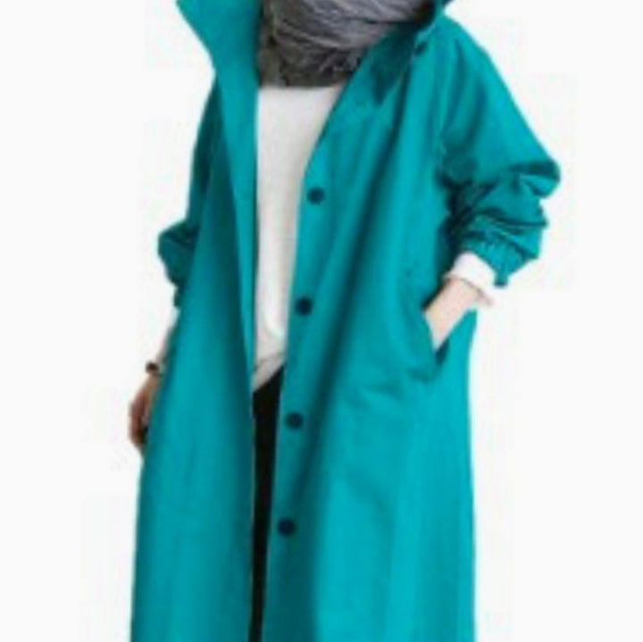 Women's Hooded Button-Front Longline Trench Coat, Black - Blue