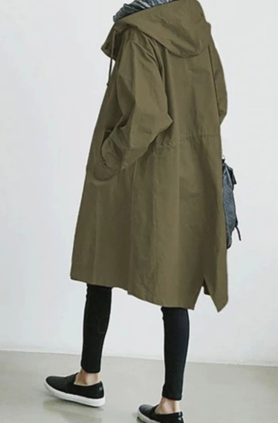 Women's Hooded Button-Front Longline Trench Coat, Black - Green