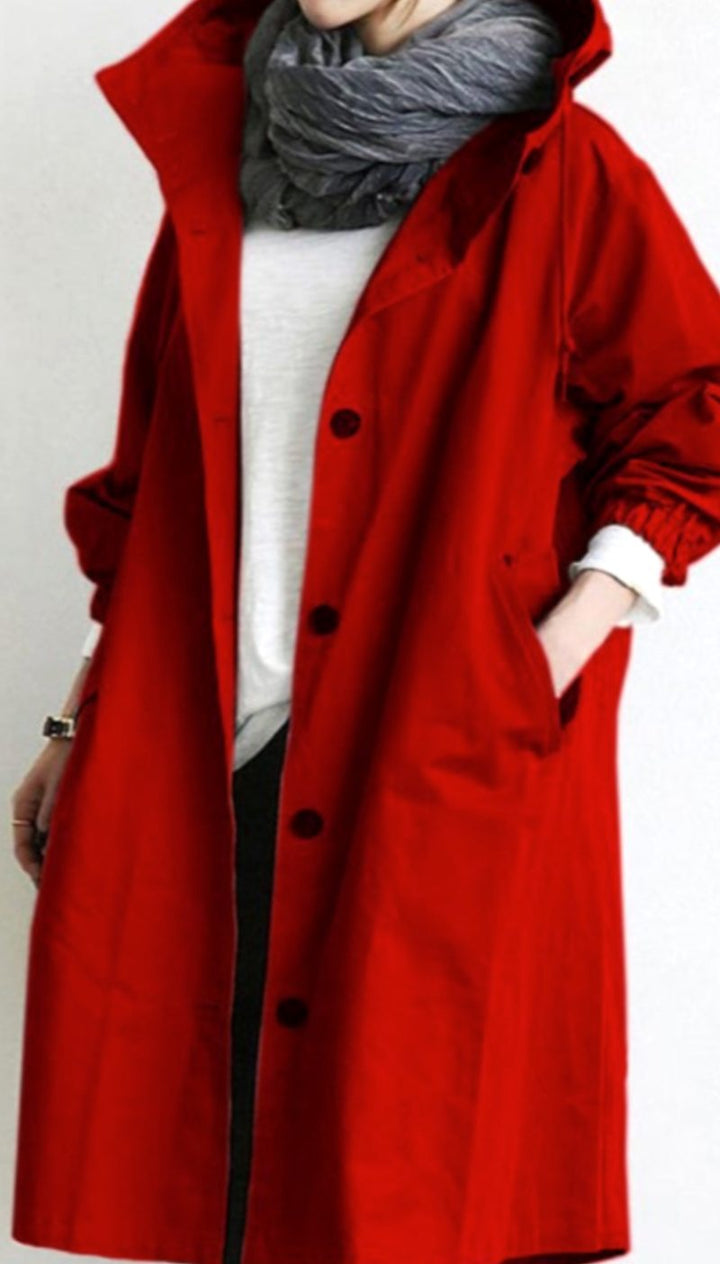 Women's Hooded Button-Front Longline Trench Coat, Black - Red