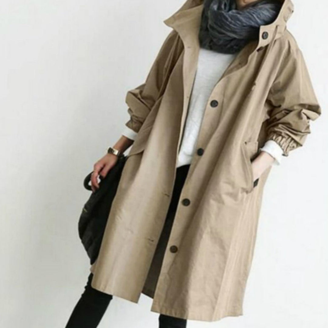 Women's Hooded Button-Front Longline Trench Coat, Black - Light Brown
