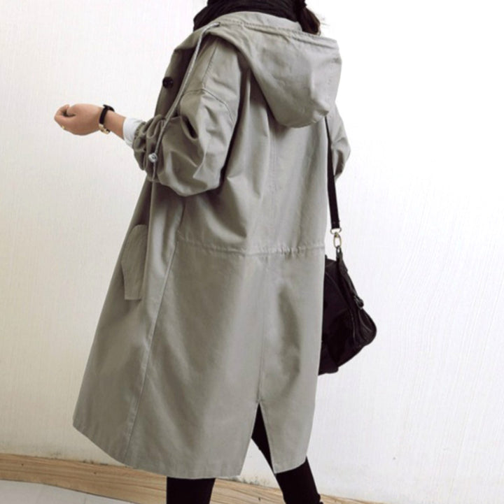 Women's Hooded Button-Front Longline Trench Coat, Black - Grey