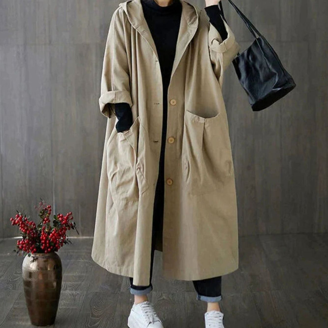 Women's Hooded Button-Front Longline Trench Coat, Khaki