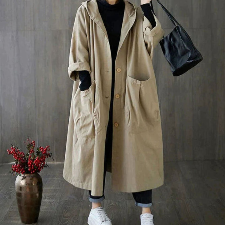 Women's Hooded Button-Front Longline Trench Coat, Khaki
