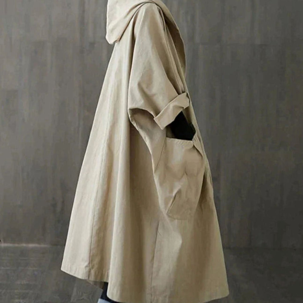Women's Hooded Button-Front Longline Trench Coat, Khaki