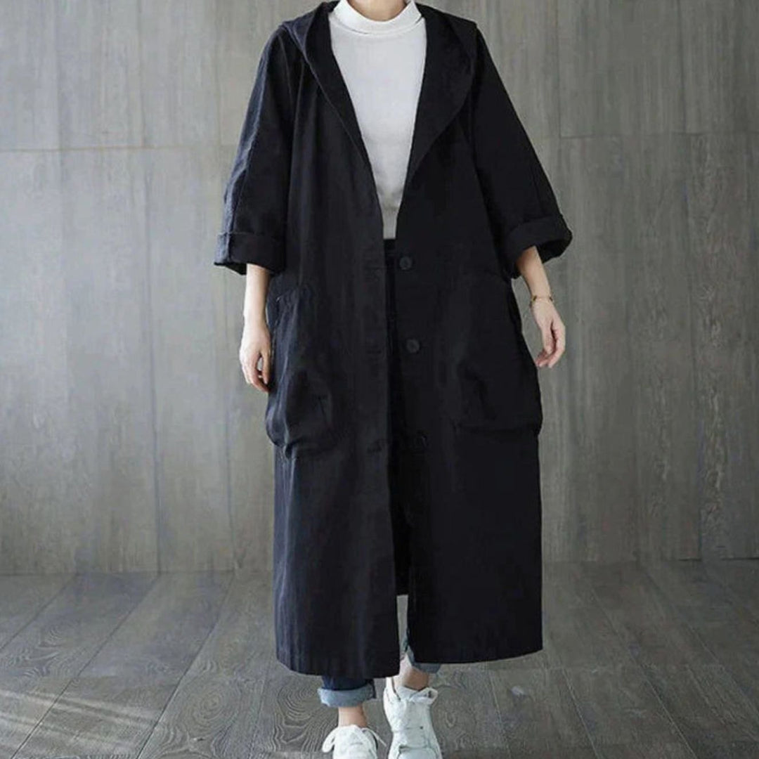 Women's Hooded Button-Front Longline Trench Coat, Khaki - Black