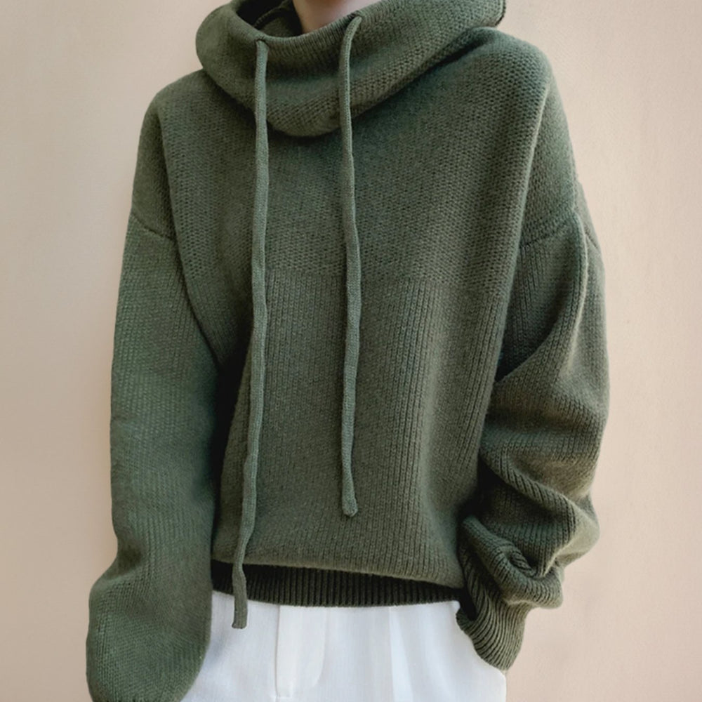 Women's Hooded Drawstring Chunky Knit Turtleneck Jumper