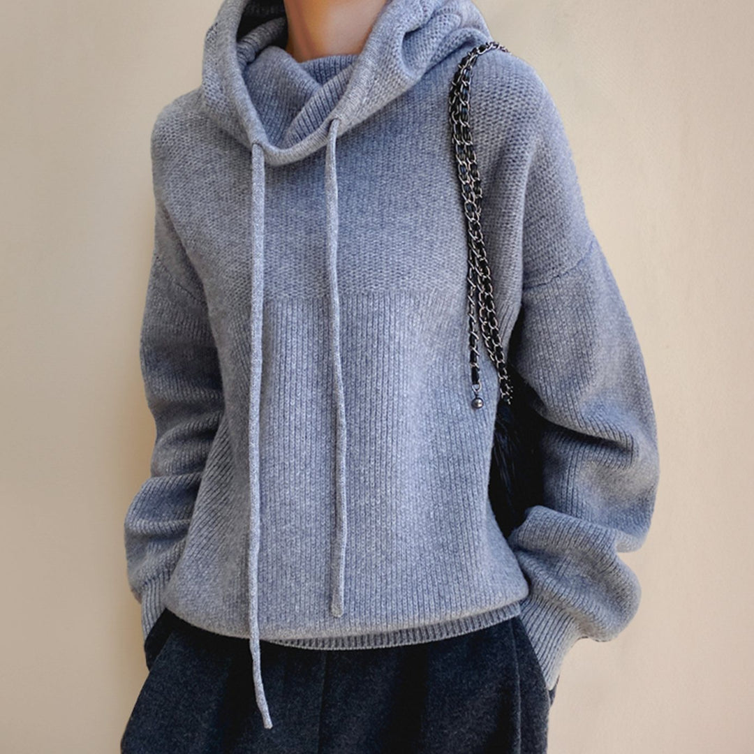 Women's Hooded Drawstring Chunky Knit Turtleneck Jumper