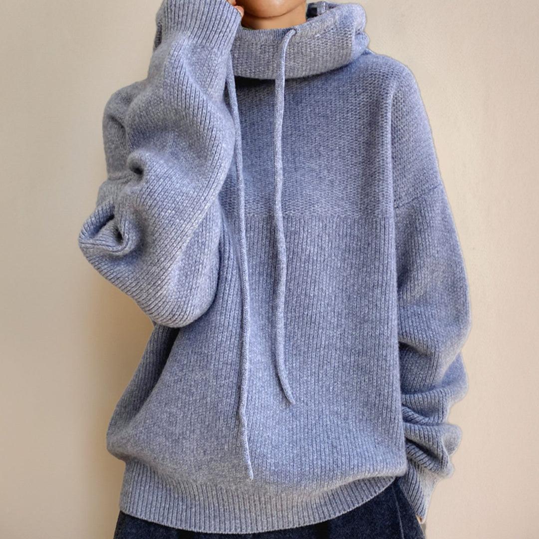 Women's Hooded Drawstring Chunky Knit Turtleneck Jumper - Grey