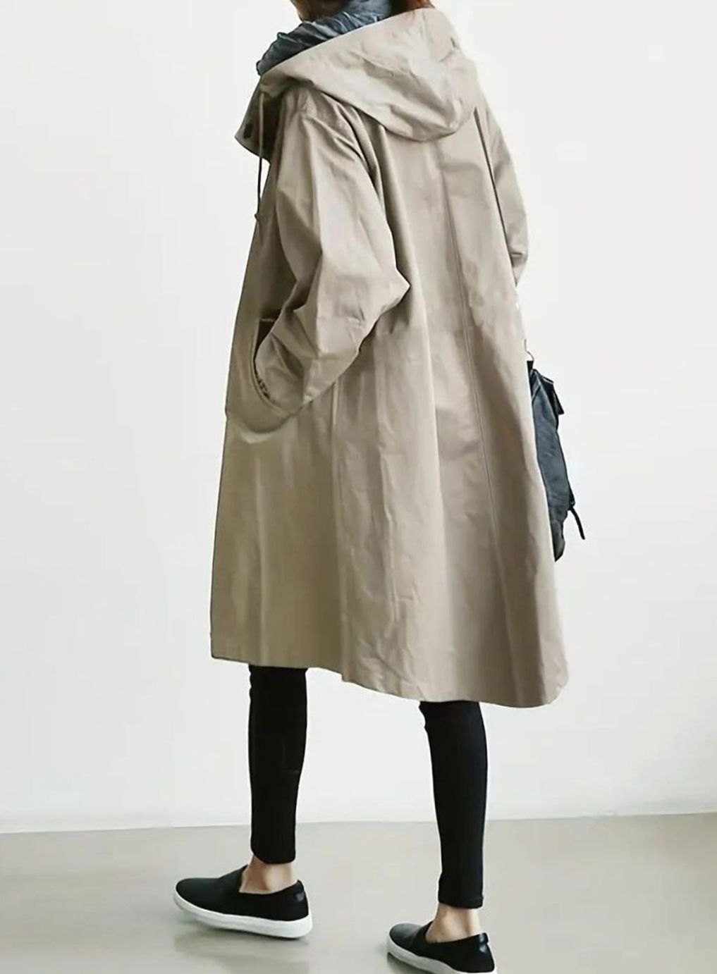 Women's Hooded Drawstring Oversized Trench Coat, Khaki
