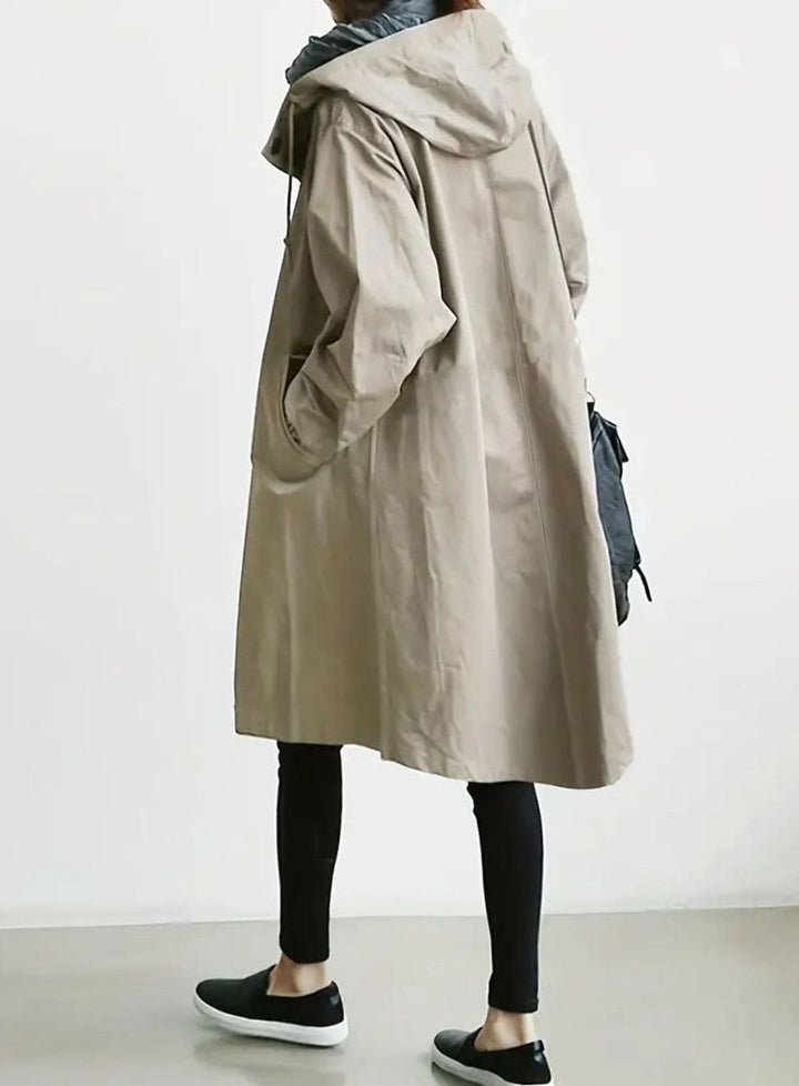 Women's Hooded Drawstring Oversized Trench Coat, Khaki