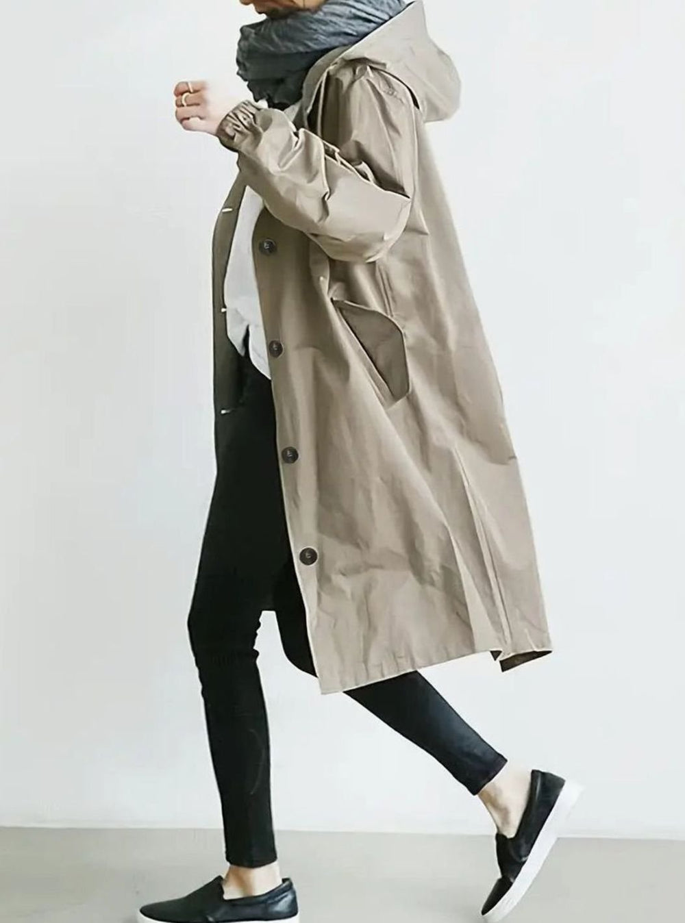 Women's Hooded Drawstring Oversized Trench Coat, Khaki