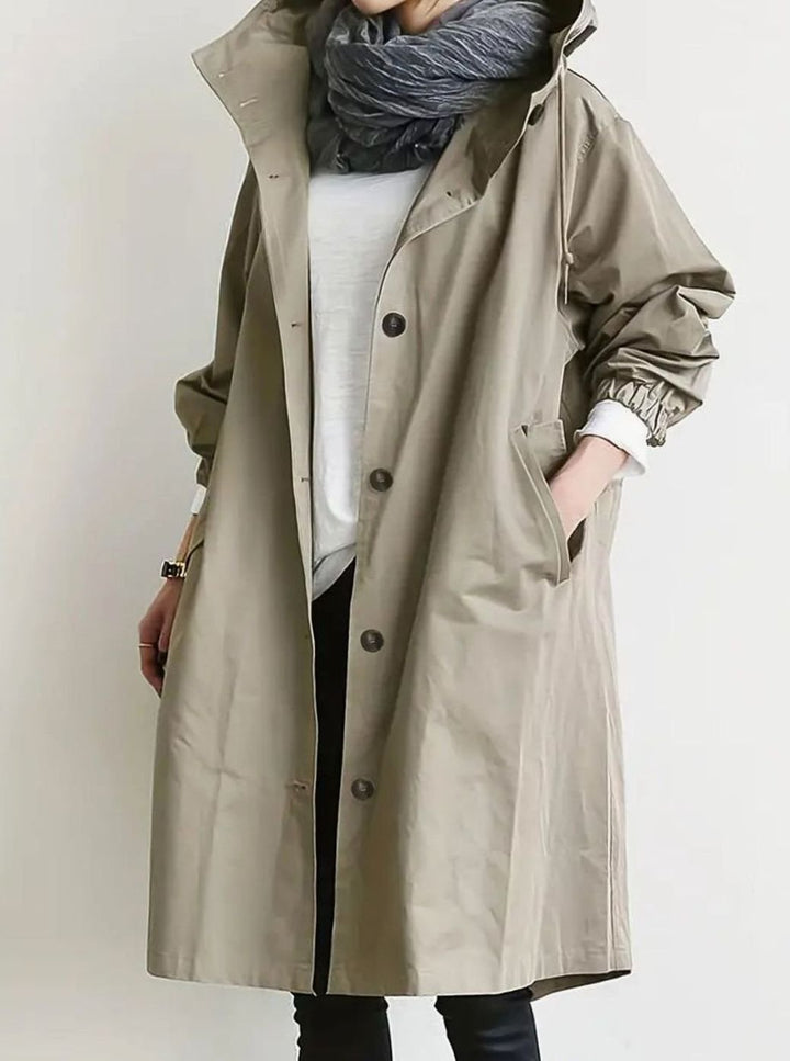 Women's Hooded Drawstring Oversized Trench Coat, Khaki - Khaki
