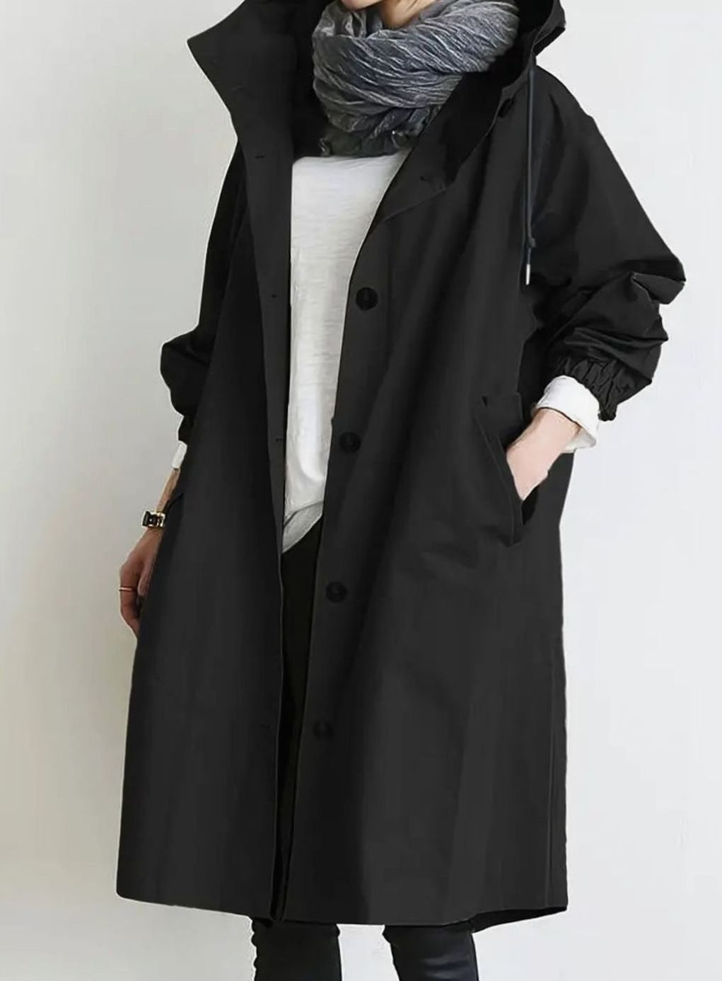 Women's Hooded Drawstring Oversized Trench Coat, Khaki - Black