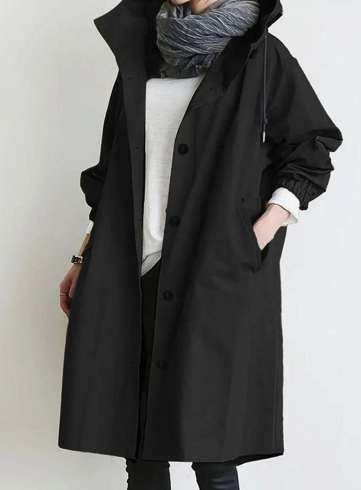 Women's Hooded Drawstring Oversized Trench Coat, Khaki - Black