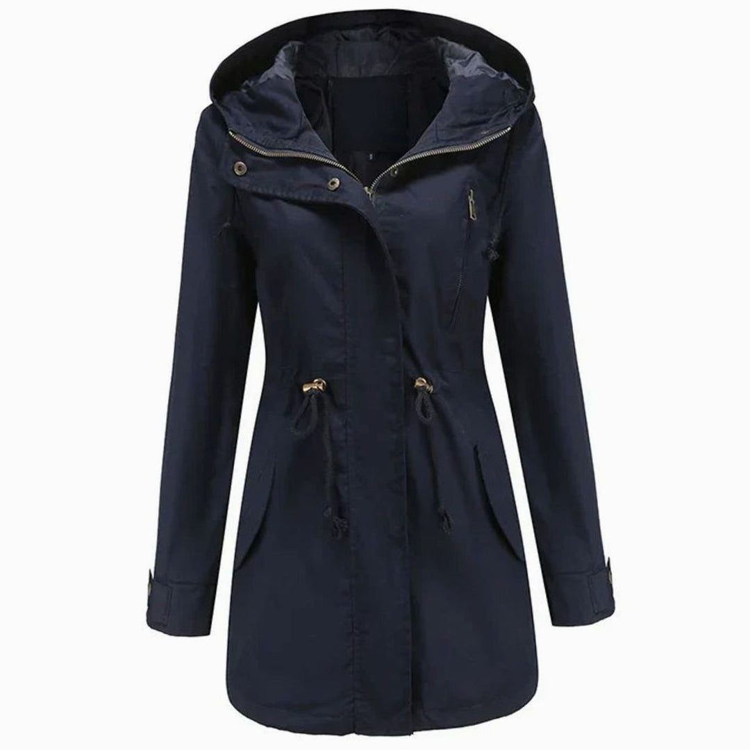 Women's Hooded Drawstring Utility Trench Coat - Navy Blue