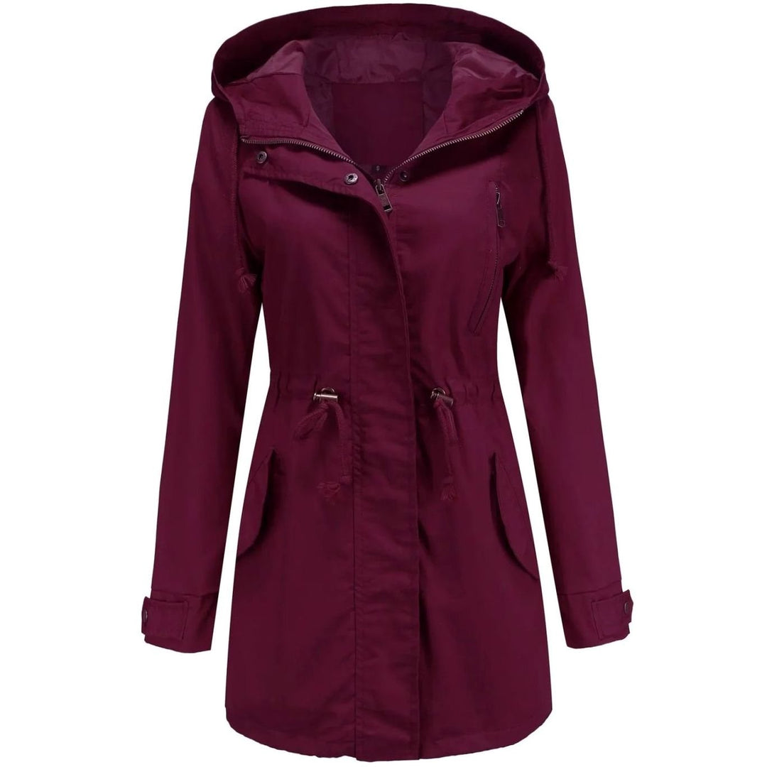 Women's Hooded Drawstring Utility Trench Coat - Wine Red