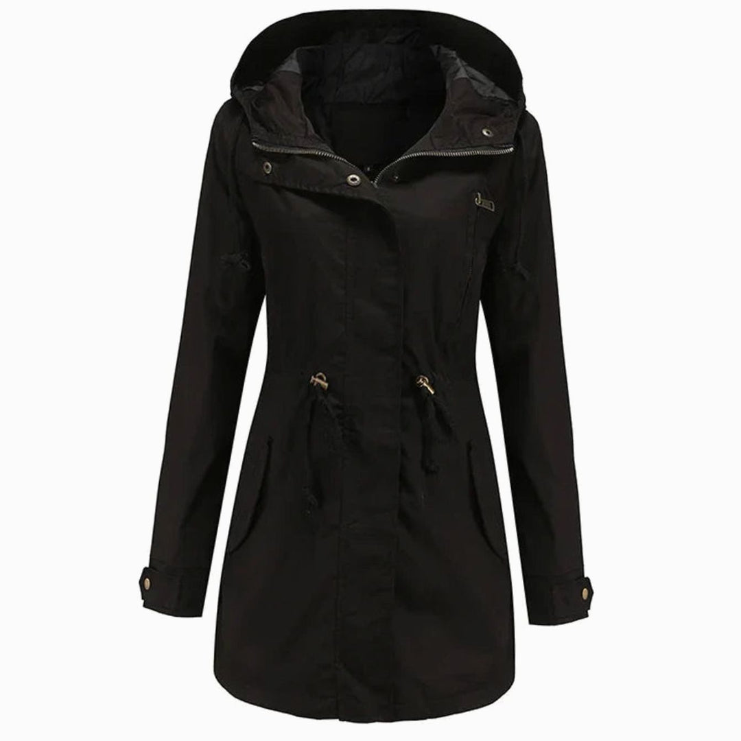 Women's Hooded Drawstring Utility Trench Coat - Black