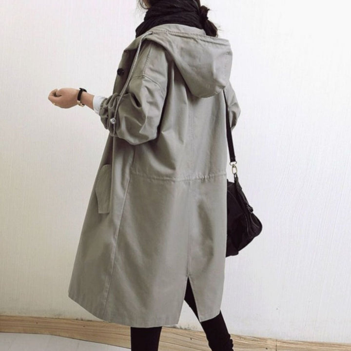 Women's Hooded Knee-Length Belted Trench Coat, Grey