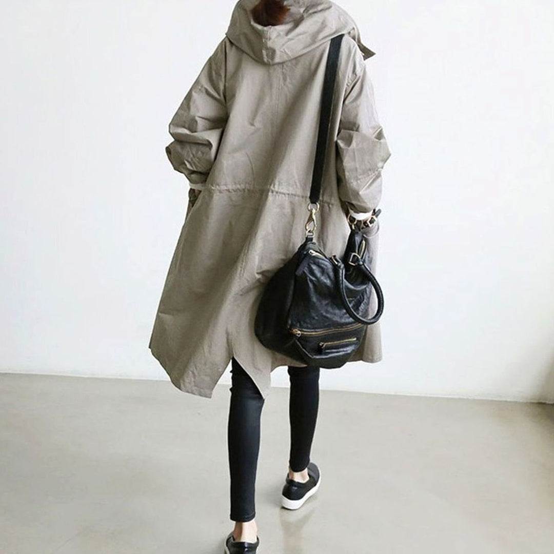 Women's Hooded Knee-Length Belted Trench Coat, Grey