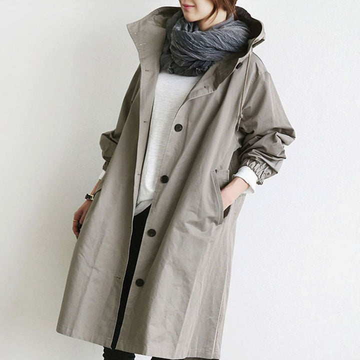 Women's Hooded Knee-Length Belted Trench Coat, Grey - Grey