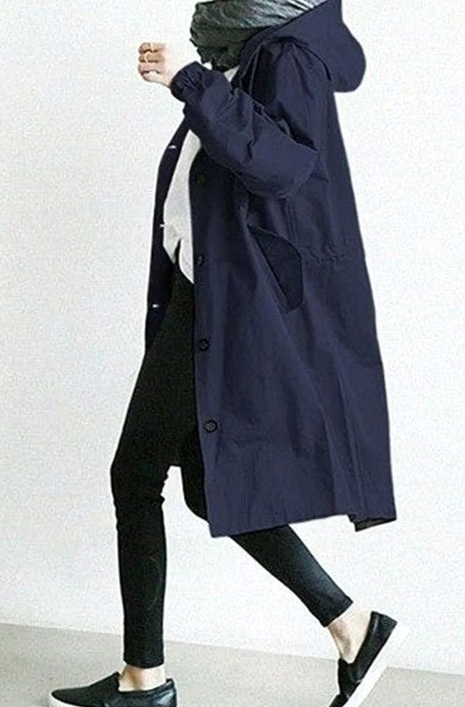 Women's Hooded Knee-Length Belted Trench Coat, Grey - Blue