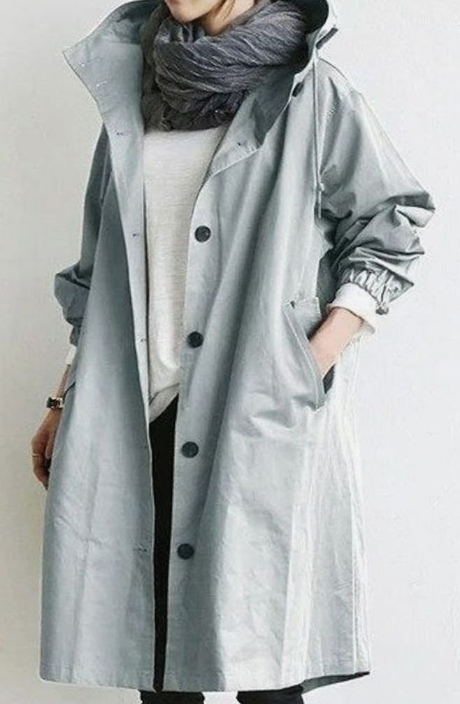 Women's Hooded Knee-Length Belted Trench Coat, Grey - Sky Blue