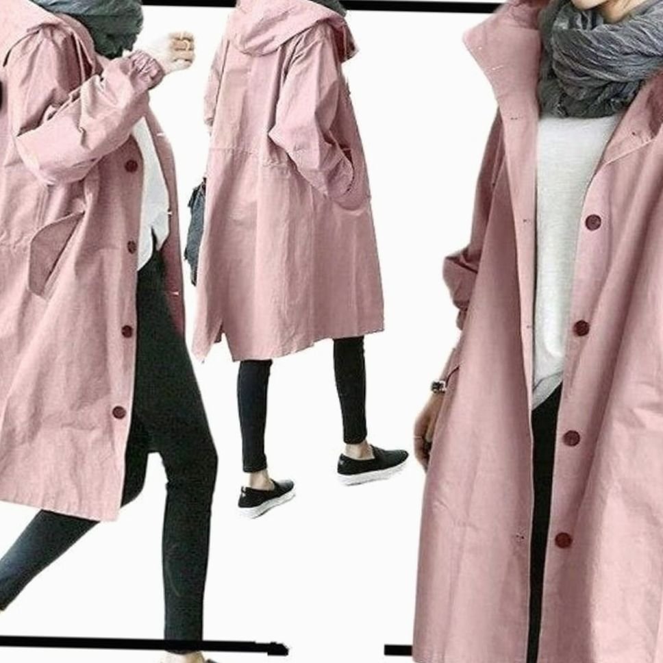 Women's Hooded Knee-Length Belted Trench Coat, Grey - Pink