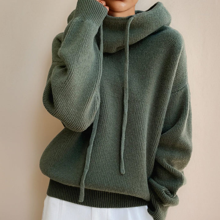 Women's Hooded Knitted Jumper Relaxed-Fit Drawstring Pullover - Green