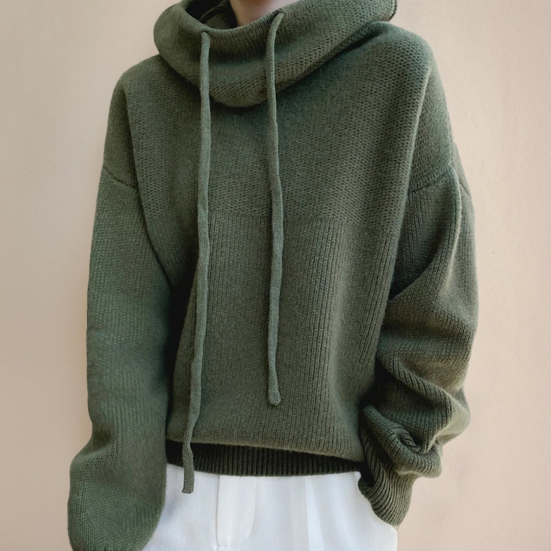 Women's Hooded Knitted Jumper Relaxed-Fit Drawstring Pullover, Sage Green