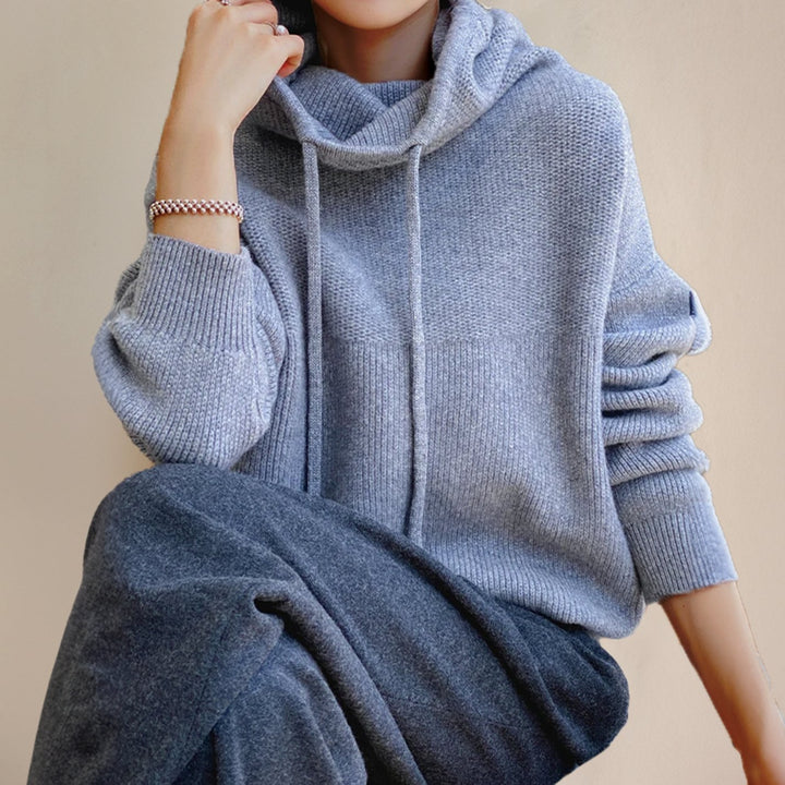Women's Hooded Knitted Jumper Relaxed-Fit Drawstring Pullover