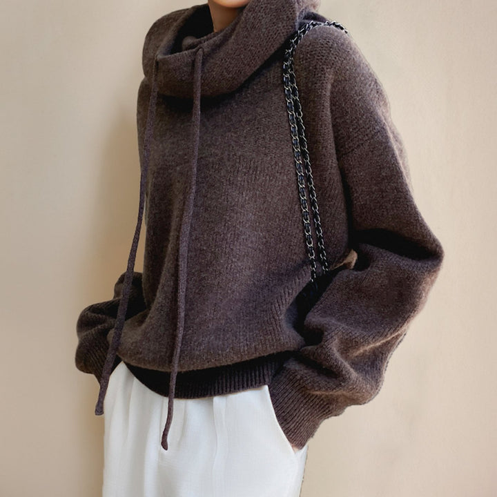 Women's Hooded Knitted Jumper Relaxed-Fit Drawstring Pullover
