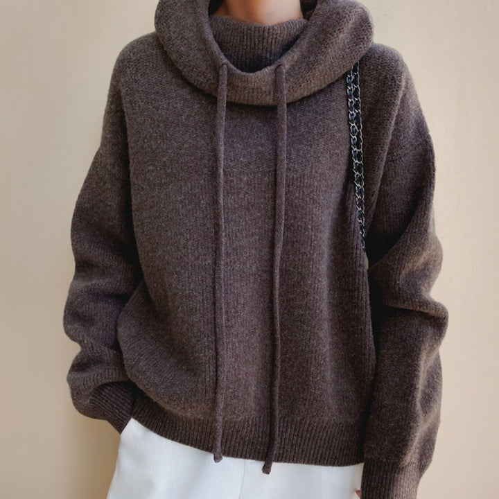 Women's Hooded Knitted Jumper Relaxed-Fit Drawstring Pullover - Brown