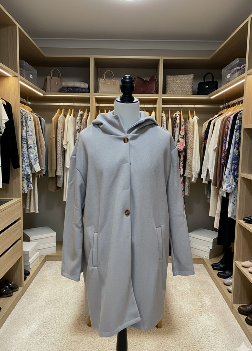 Women's Hooded Long-Line Button-Up Trench Coat, Light Grey