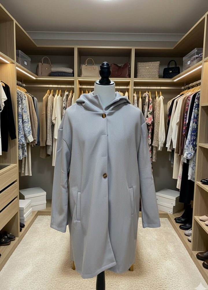 Women's Hooded Long-Line Button-Up Trench Coat, Light Grey