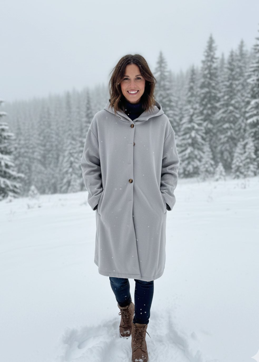Women's Hooded Long-Line Button-Up Trench Coat, Light Grey - Grey