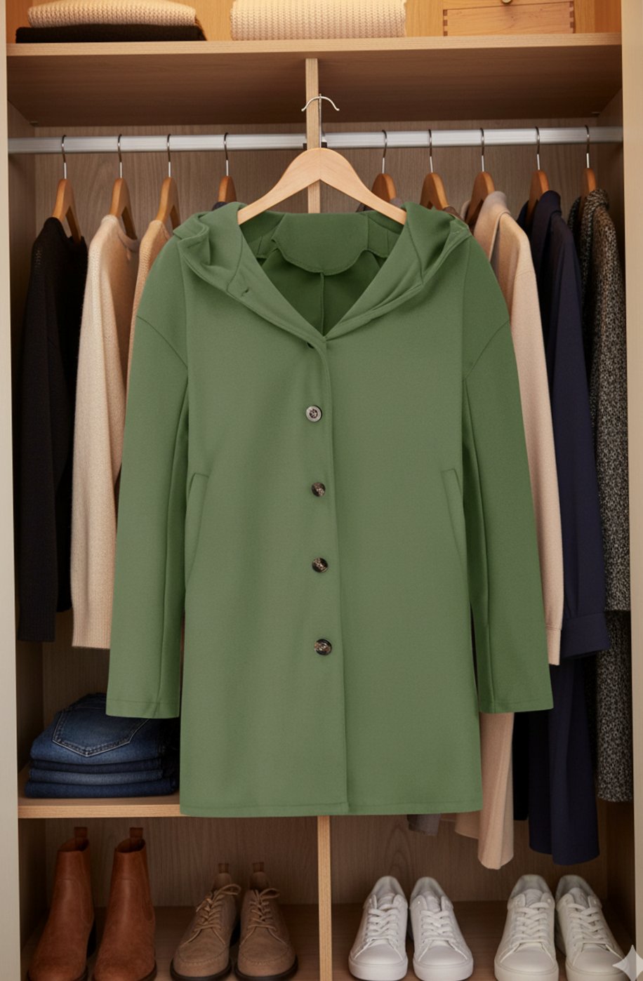 Women's Hooded Long-Line Button-Up Trench Coat, Light Grey